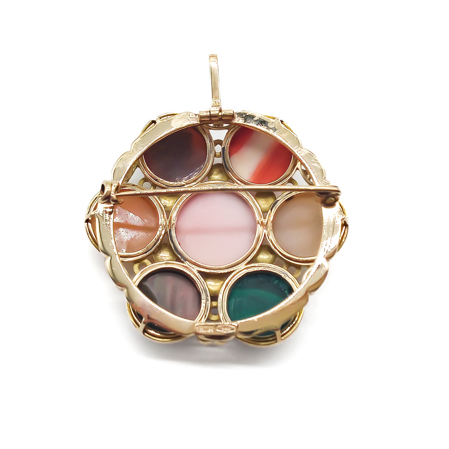 Unique 14ct yellow gold pendant/brooch set with a variety of seven small cameos, including one coral and one chrysoprase. Beautiful scroll work on setting.