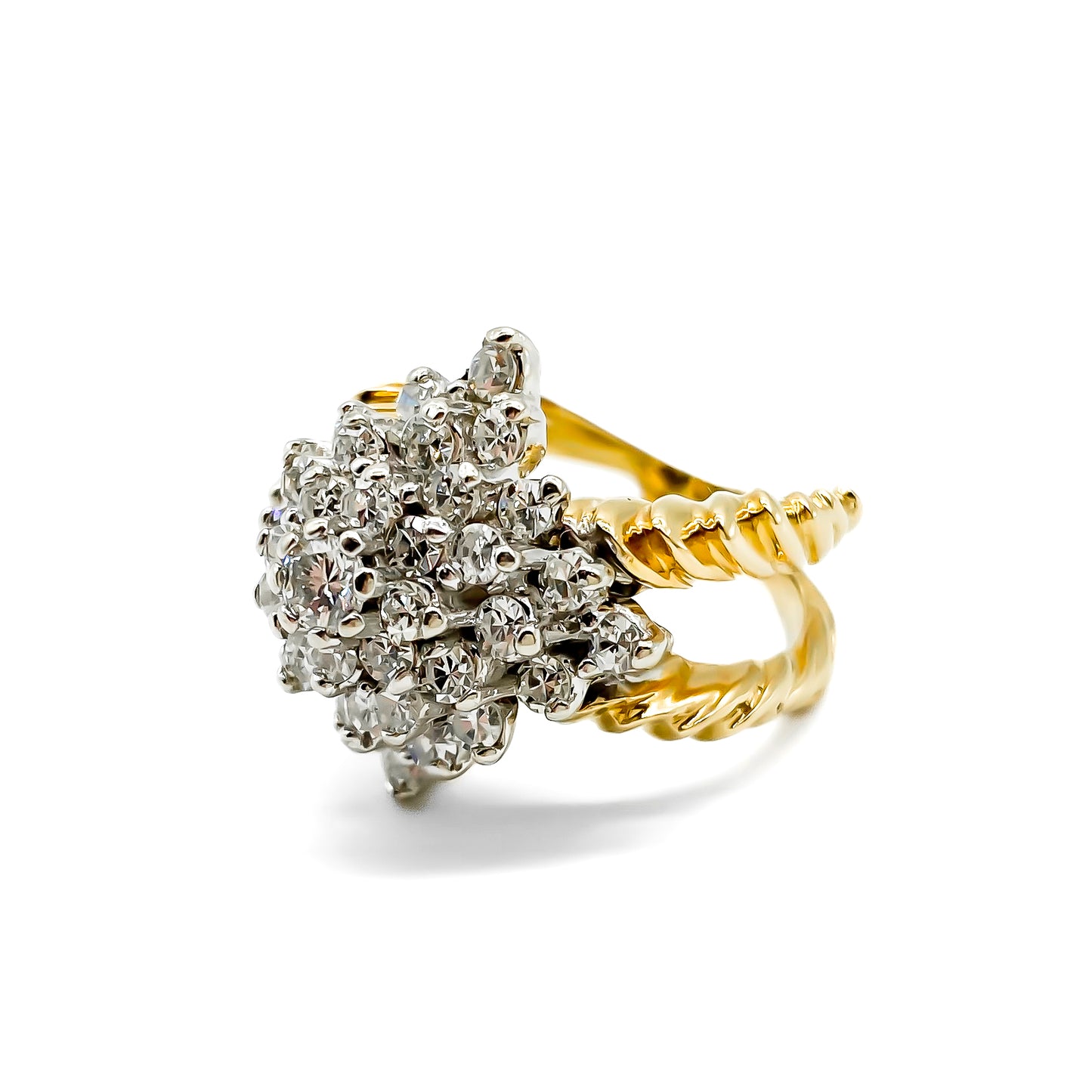 Stunning 14ct yellow gold cocktail ring set with thirty-seven diamonds in white gold tier setting.