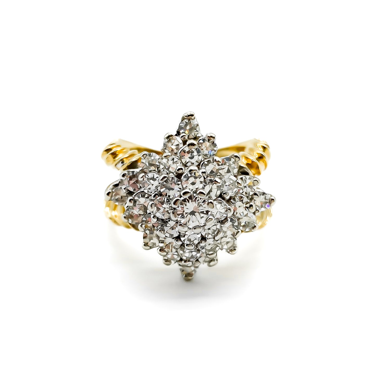 Stunning 14ct yellow gold cocktail ring set with thirty-seven diamonds in white gold tier setting.