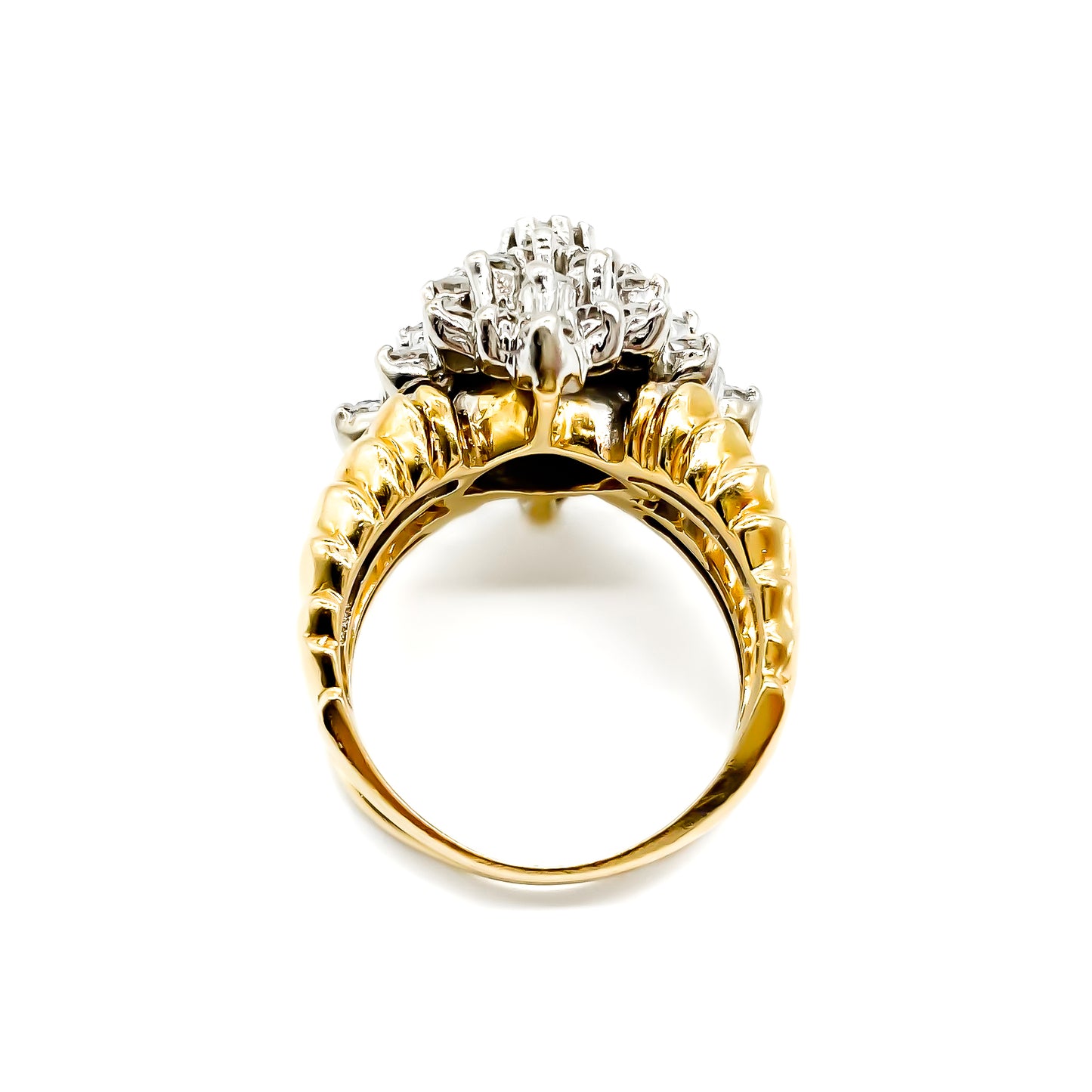 Stunning 14ct yellow gold cocktail ring set with thirty-seven diamonds in white gold tier setting.