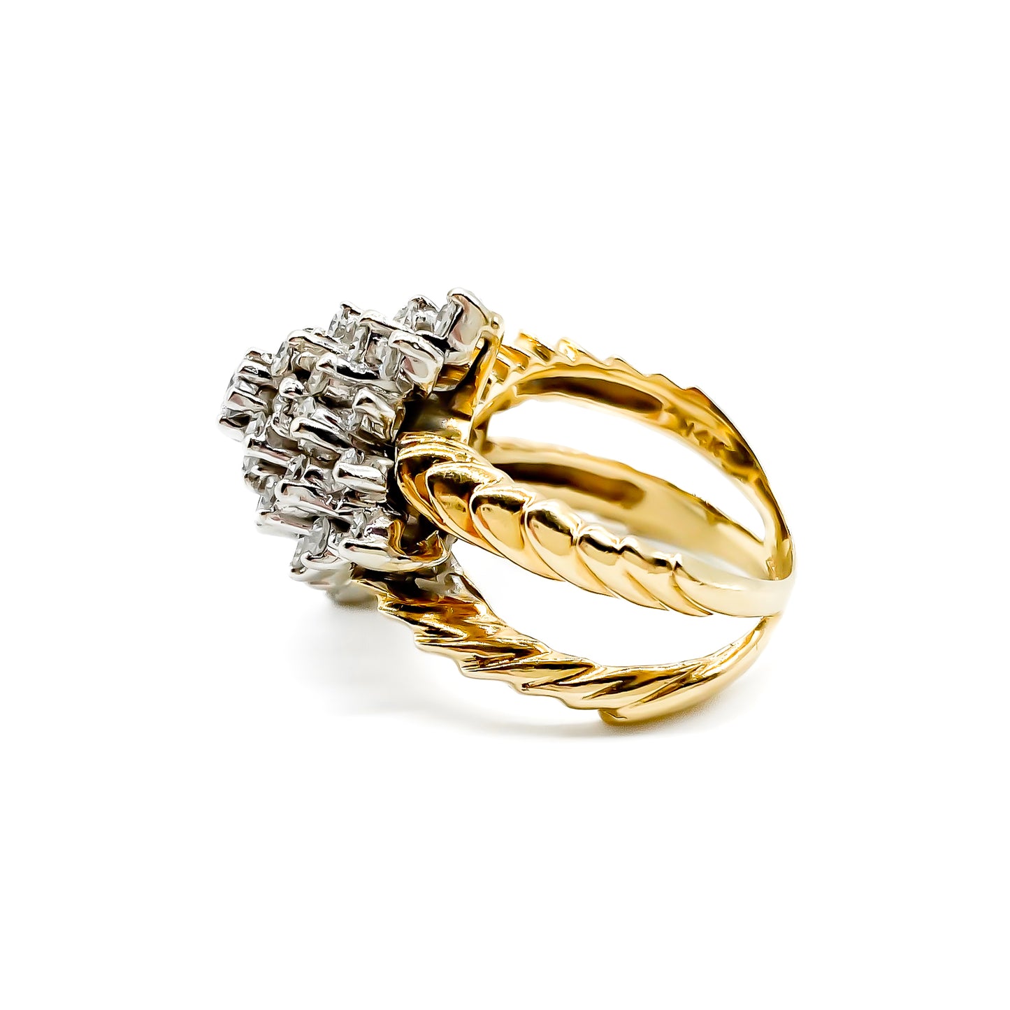 Stunning 14ct yellow gold cocktail ring set with thirty-seven diamonds in white gold tier setting.