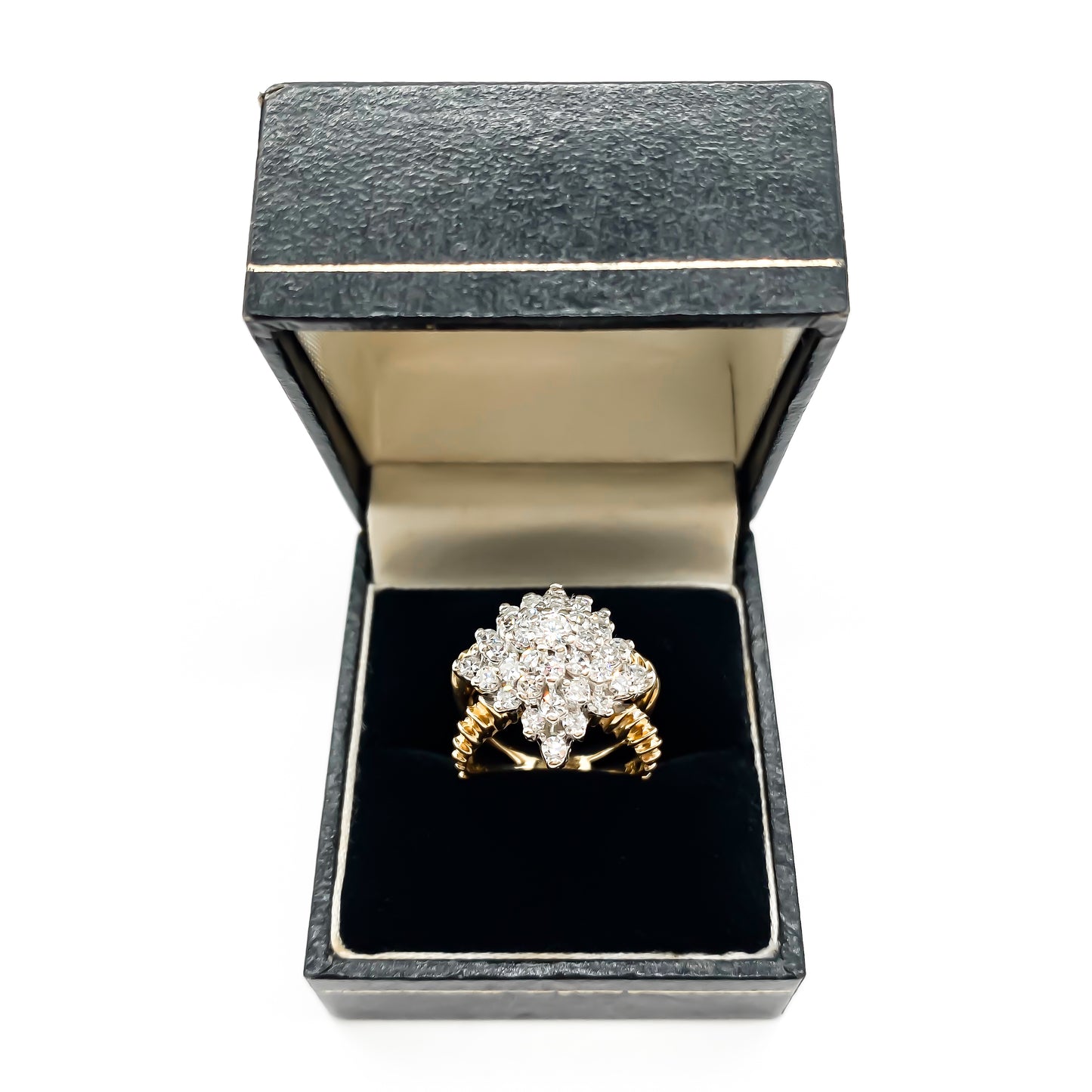 Stunning 14ct yellow gold cocktail ring set with thirty-seven diamonds in white gold tier setting.