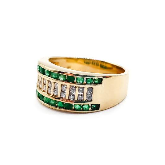 Stunning 14ct yellow gold ring with twenty-four round emeralds and twenty-two small round diamonds in a channel setting.