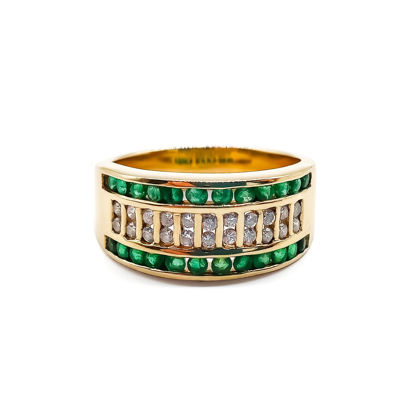 Stunning 14ct yellow gold ring with twenty-four round emeralds and twenty-two small round diamonds in a channel setting.