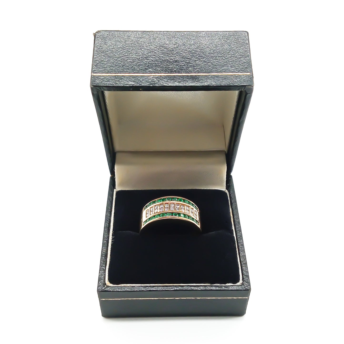 Stunning 14ct yellow gold ring with twenty-four round emeralds and twenty-two small round diamonds in a channel setting.