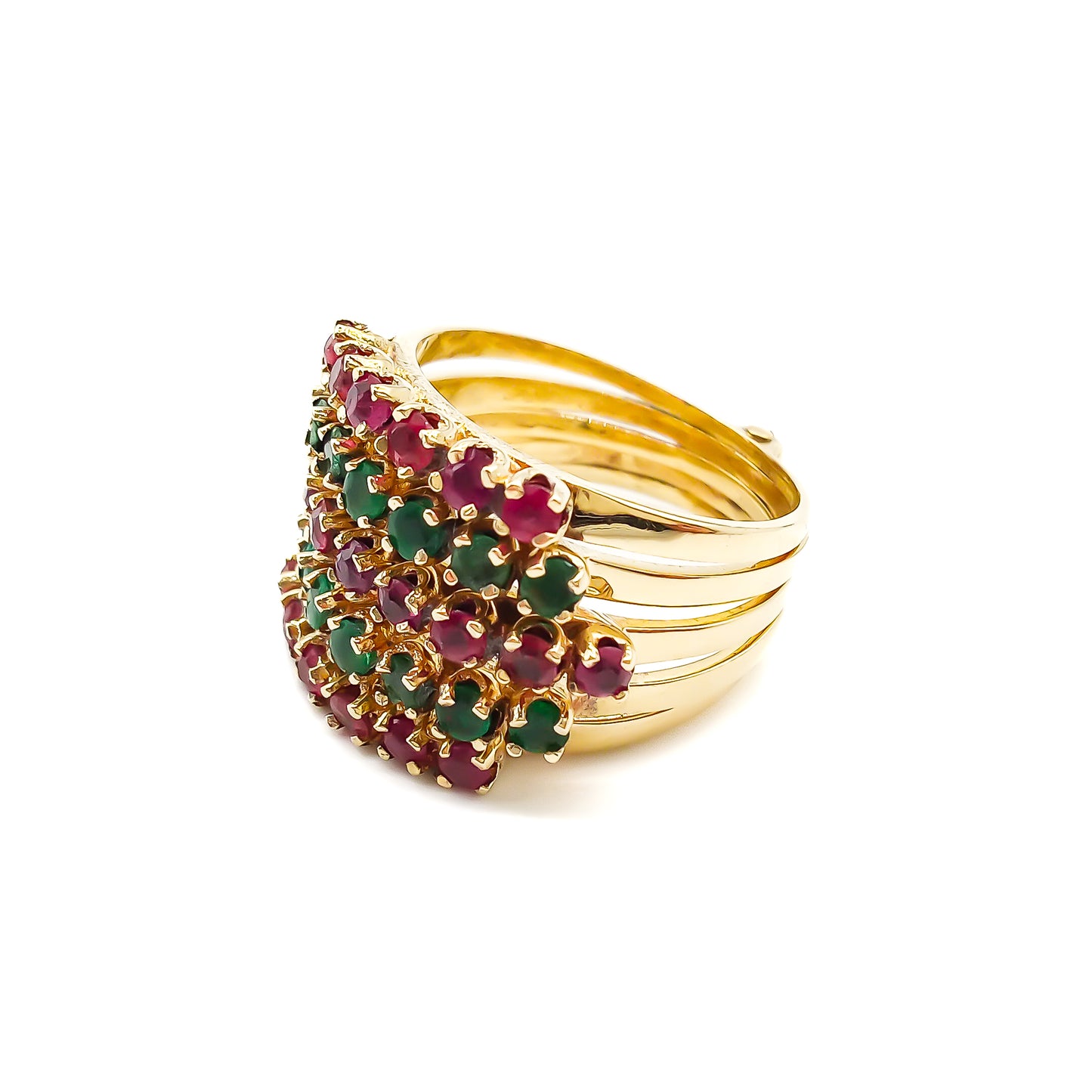 Gorgeous 14ct yellow gold five-band emerald and ruby stack ring. Circa 1940’s