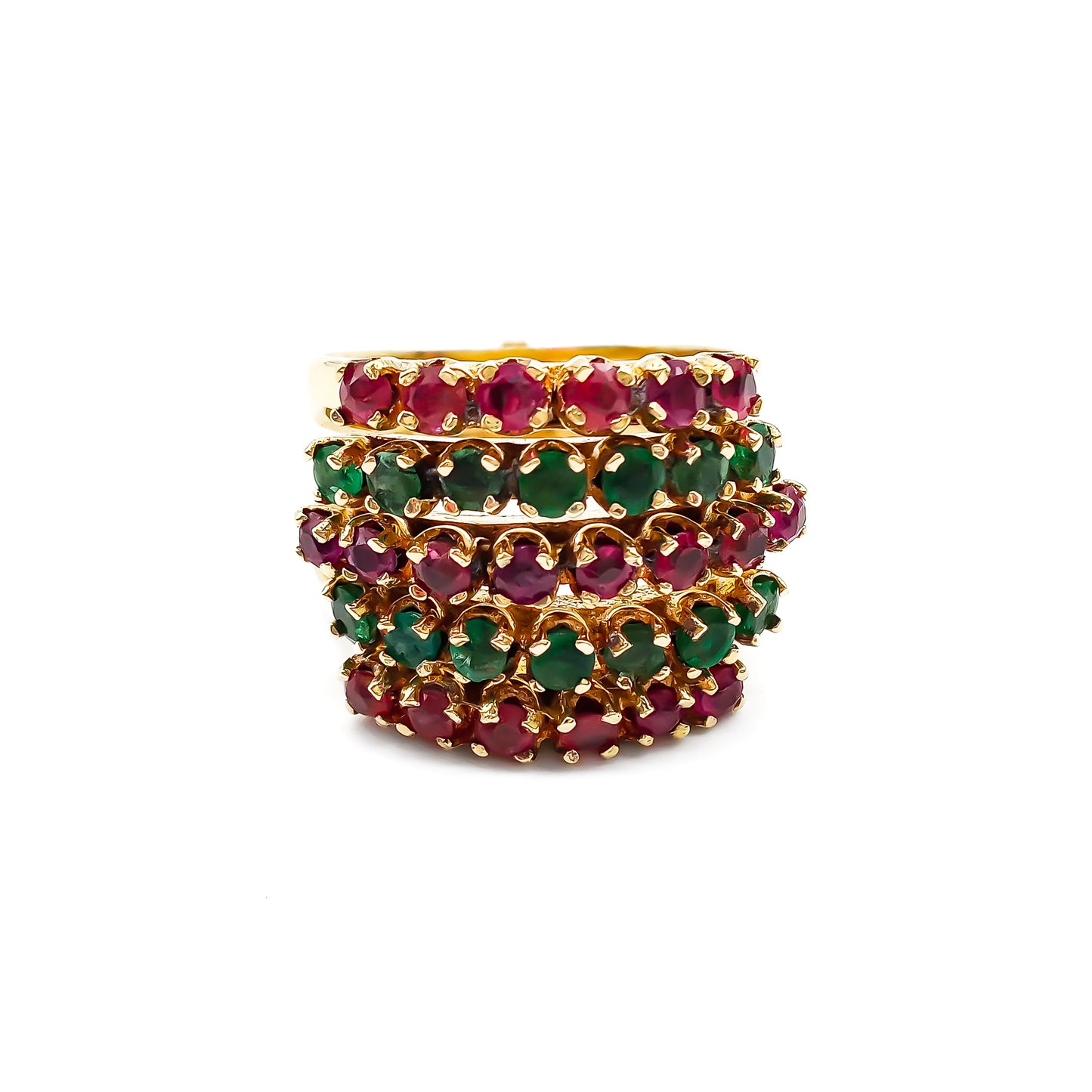 Gorgeous 14ct yellow gold five-band emerald and ruby stack ring. Circa 1940’s