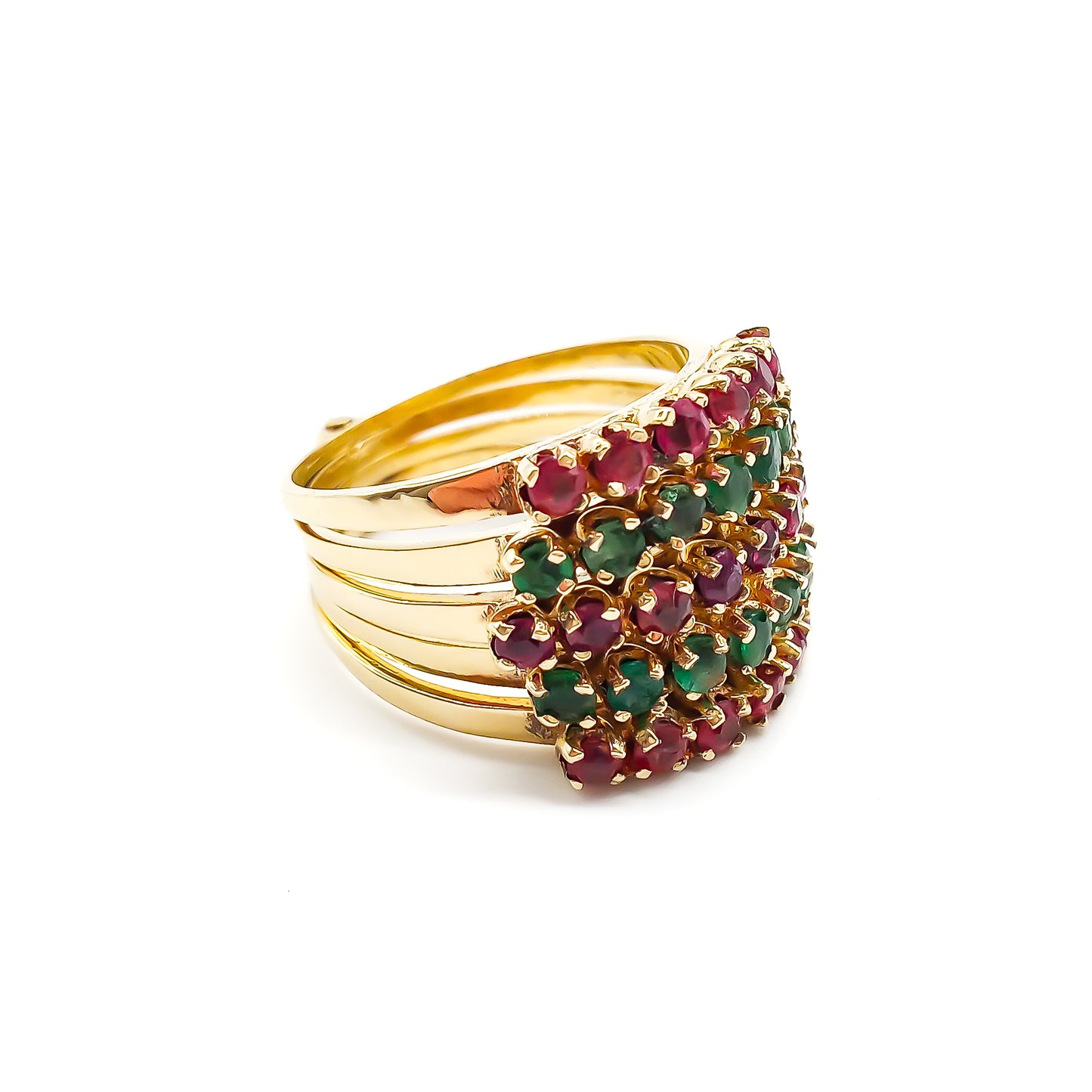 Gorgeous 14ct yellow gold five-band emerald and ruby stack ring. Circa 1940’s