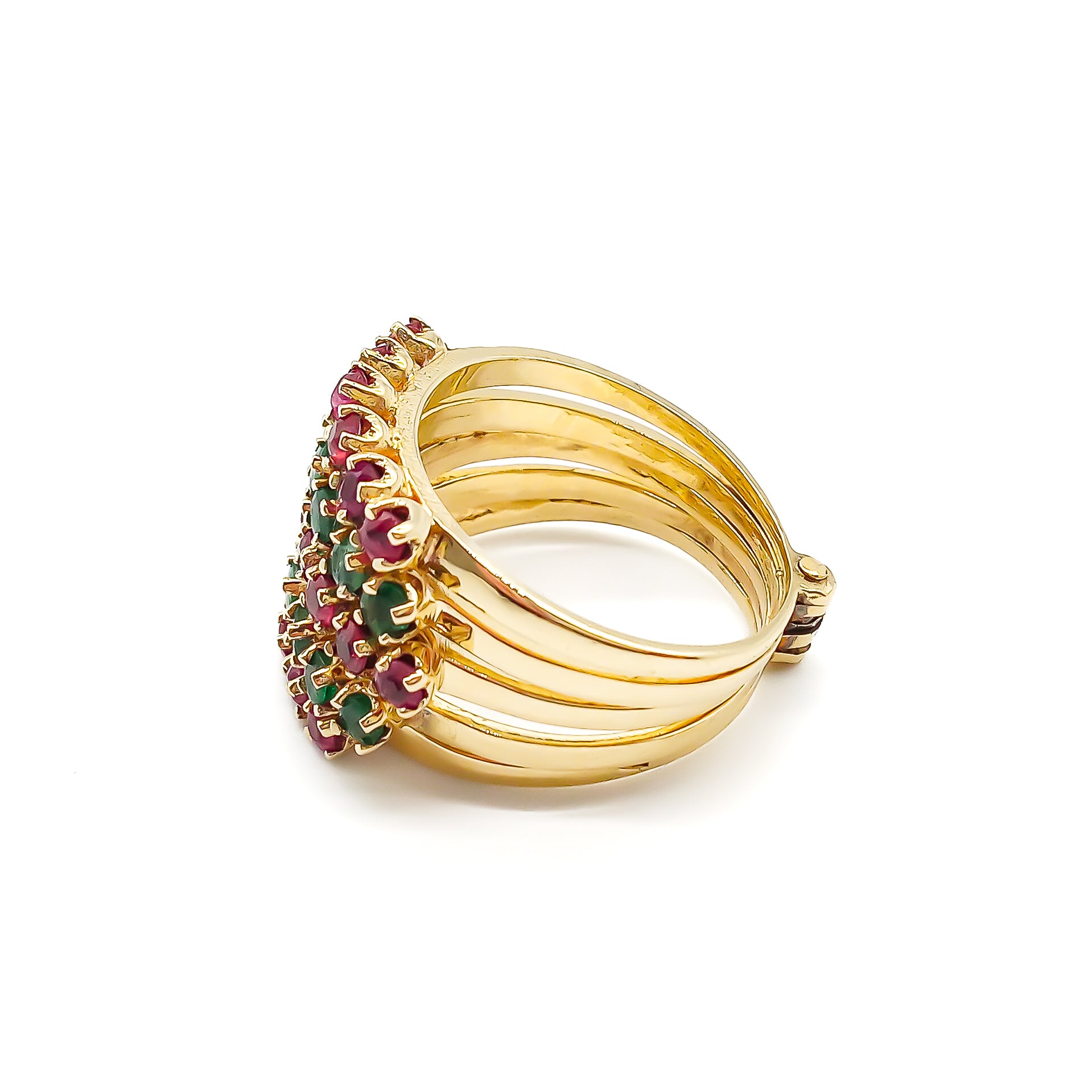 Gorgeous 14ct yellow gold five-band emerald and ruby stack ring. Circa 1940’s