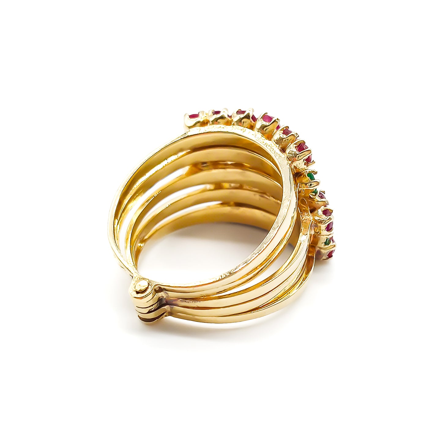 Gorgeous 14ct yellow gold five-band emerald and ruby stack ring. Circa 1940’s