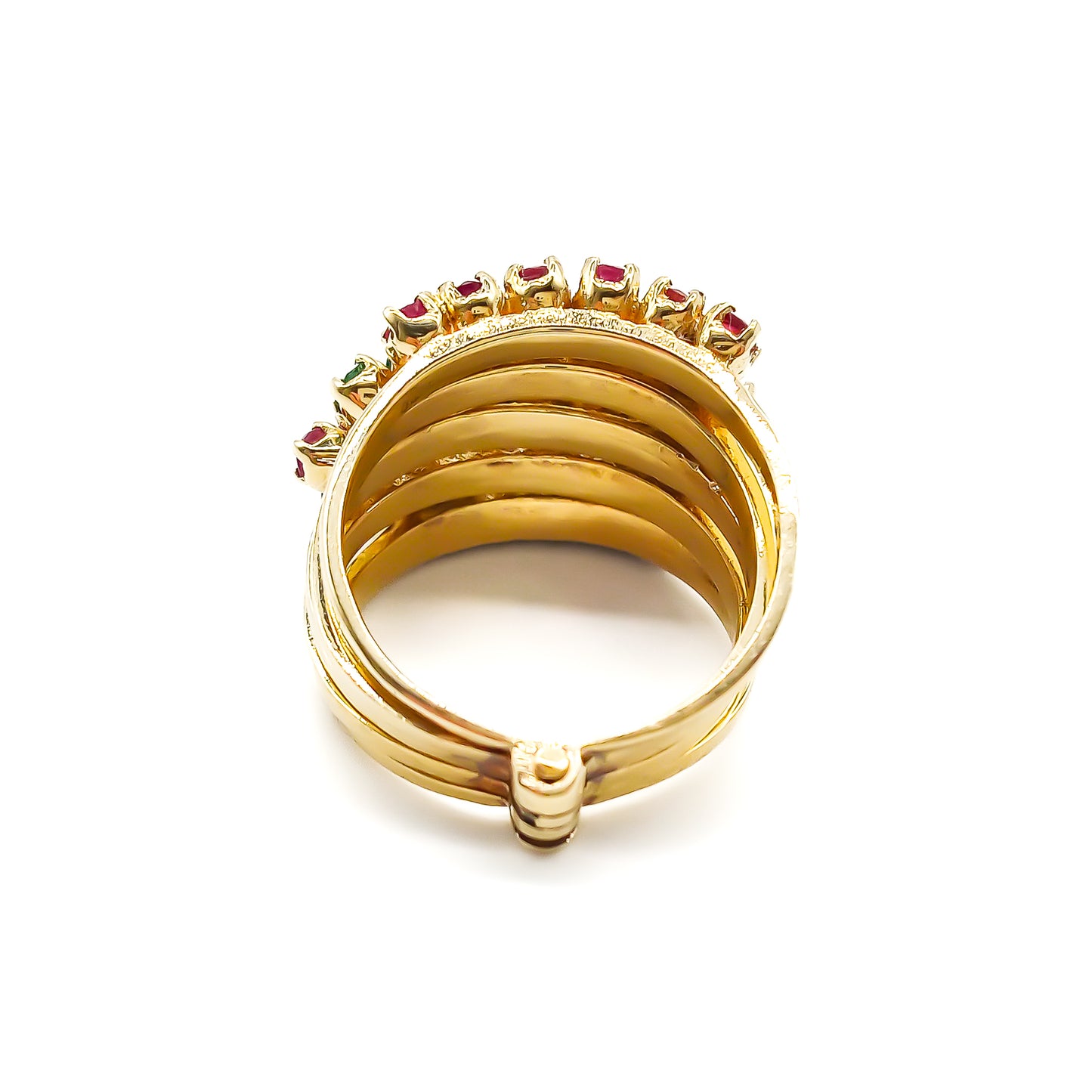 Gorgeous 14ct yellow gold five-band emerald and ruby stack ring. Circa 1940’s