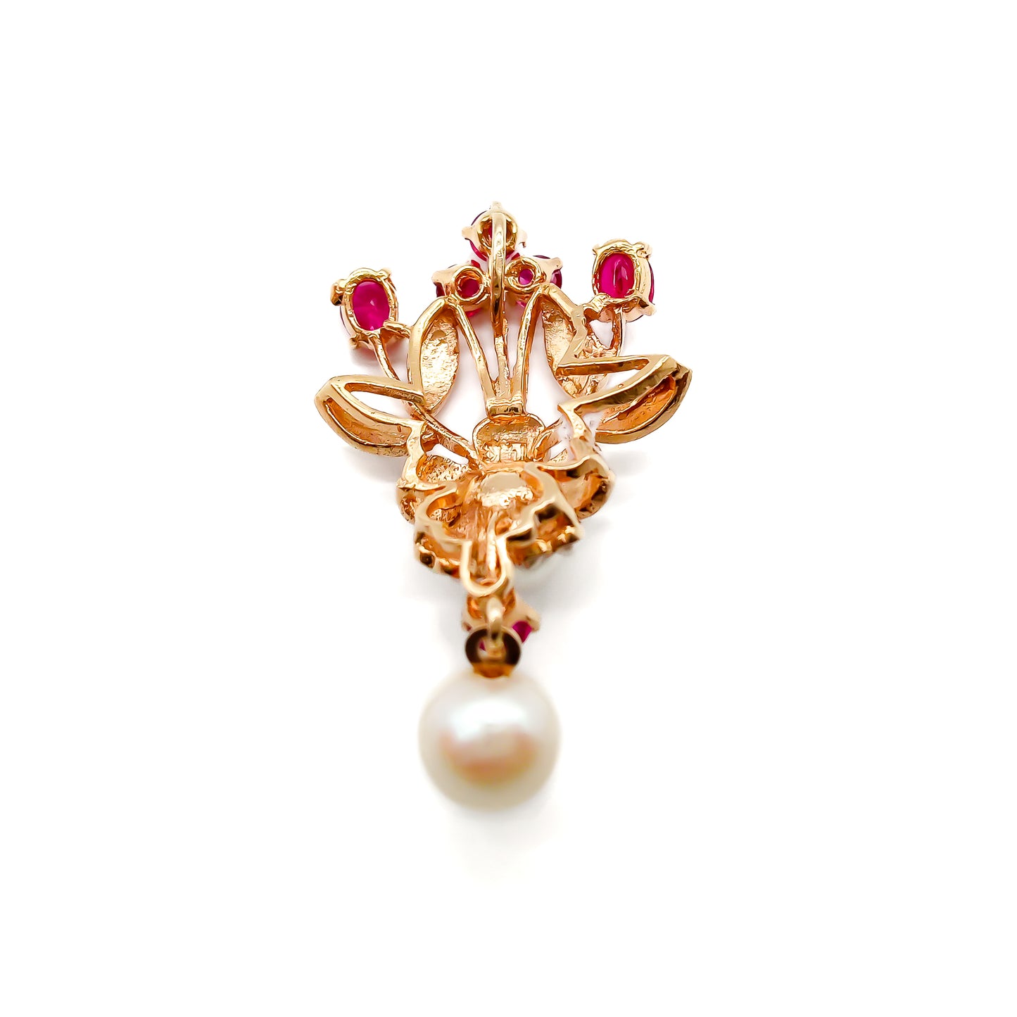 Pretty 14ct Gold pendant set with six faceted rubies, a centre pearl surrounded by seed pearls in a flower design, and a dangling pearl drop.