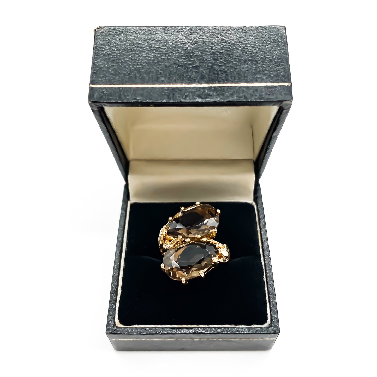 Stunning 14ct gold ring set with two beautifully faceted pear-shaped smoky quartz gemstones.