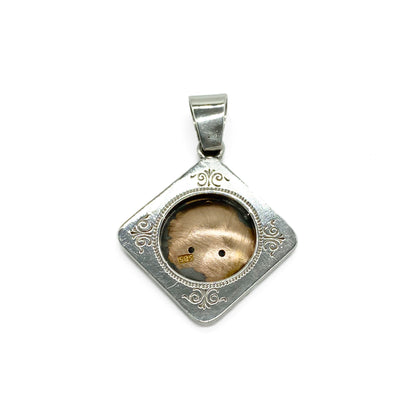 Pretty 14ct gold and silver antique enamelled flower pendant set with three tiny mine cut diamonds.