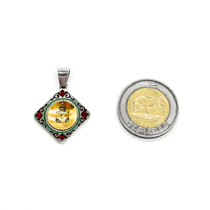 Pretty 14ct gold and silver antique enamelled flower pendant set with three tiny mine cut diamonds.