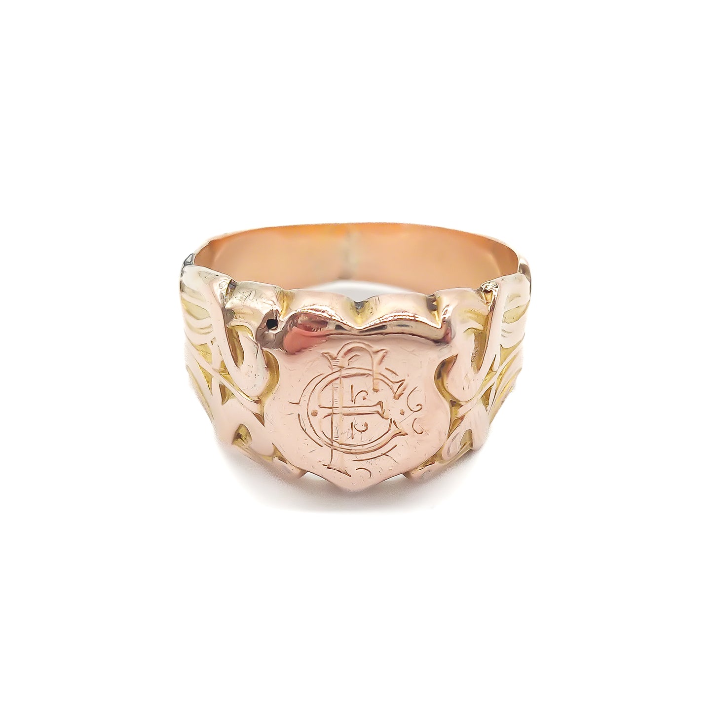 Magnificent 14ct rose gold signet ring with fancy script letters on a crest and beautiful art nouveau detail on the shank. 