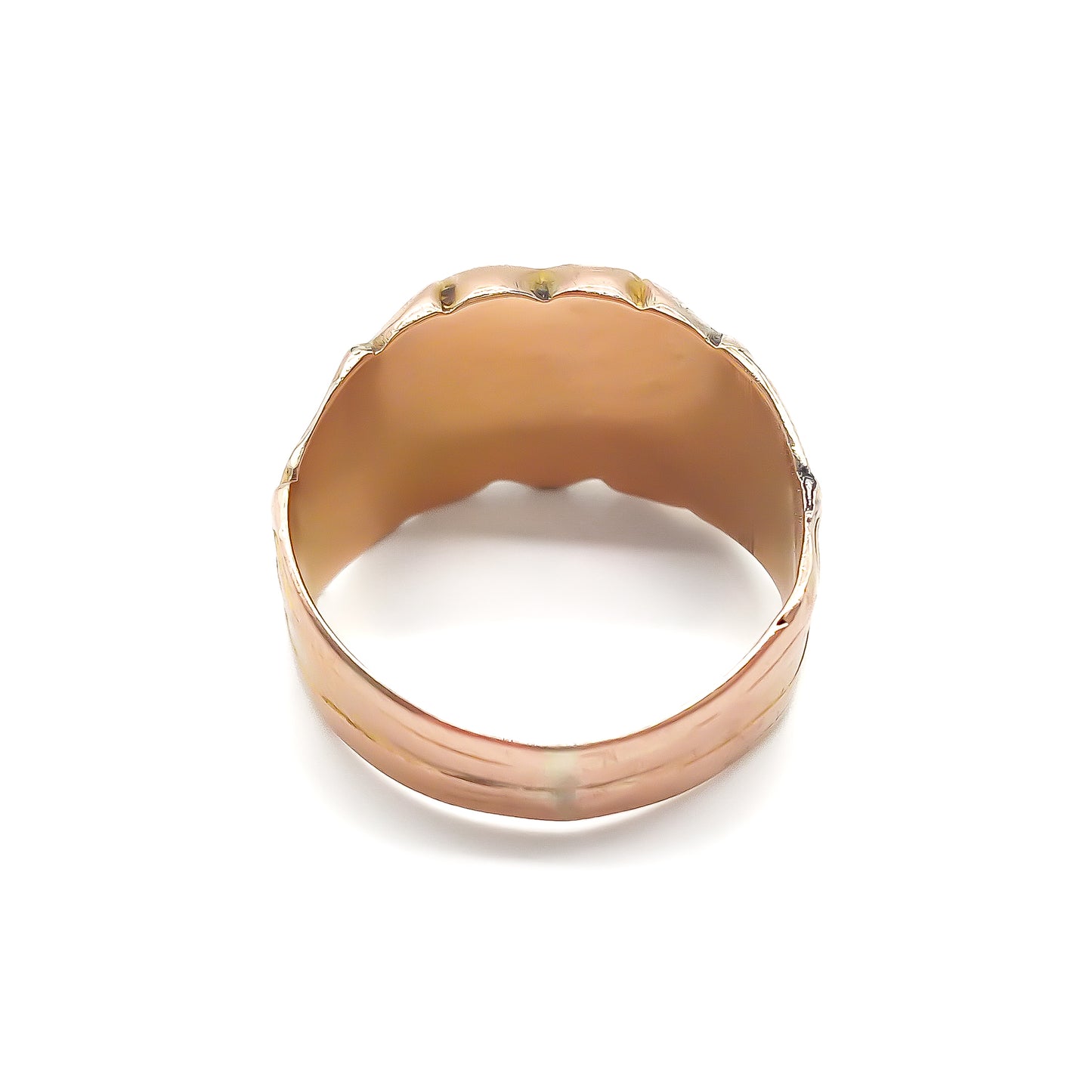 Magnificent 14ct rose gold signet ring with fancy script letters on a crest and beautiful art nouveau detail on the shank.