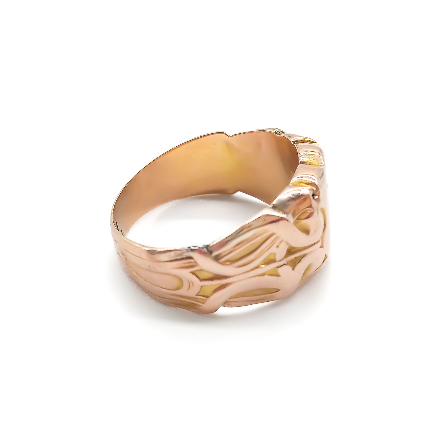 Magnificent 14ct rose gold signet ring with fancy script letters on a crest and beautiful art nouveau detail on the shank. 