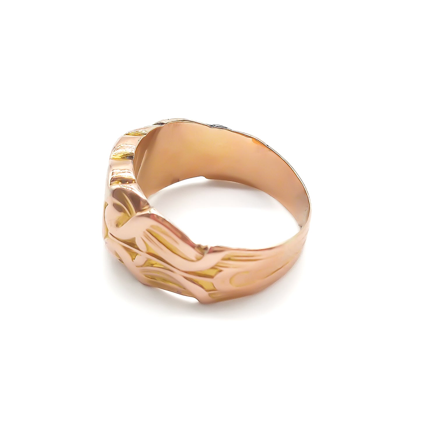 Magnificent 14ct rose gold signet ring with fancy script letters on a crest and beautiful art nouveau detail on the shank. 