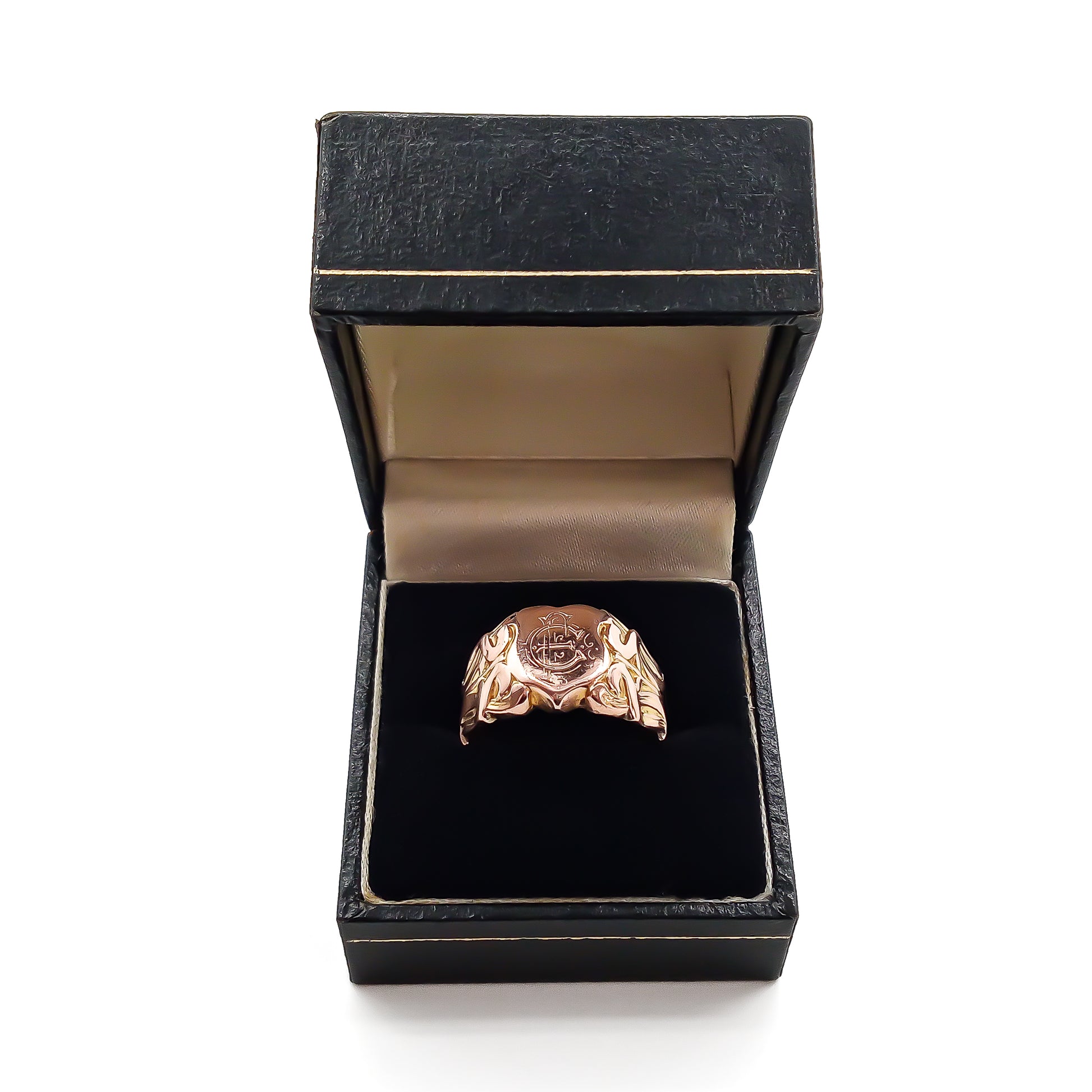 Magnificent 14ct rose gold signet ring with fancy script letters on a crest and beautiful art nouveau detail on the shank. 