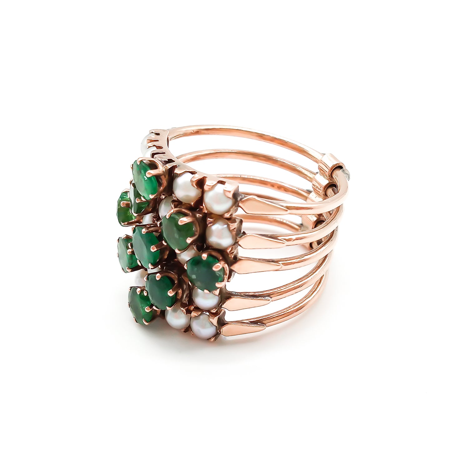 Gorgeous 14ct rose gold five band emerald and pearl stack ring.
