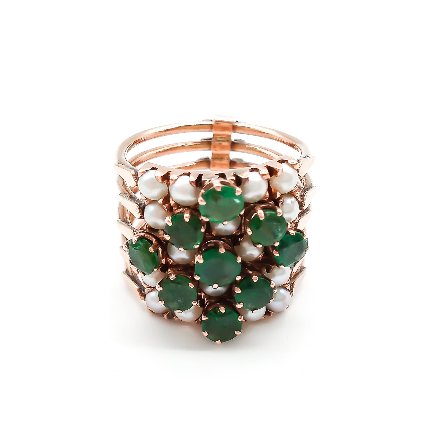 Gorgeous 14ct rose gold five band emerald and pearl stack ring.