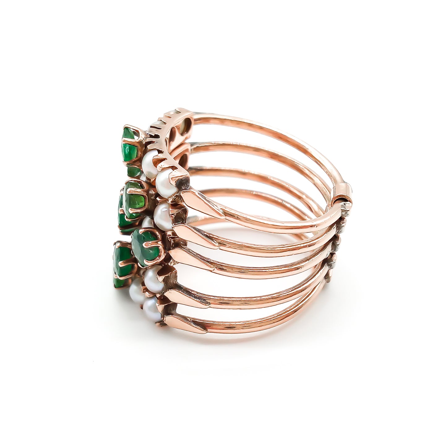 Gorgeous 14ct rose gold five band emerald and pearl stack ring.