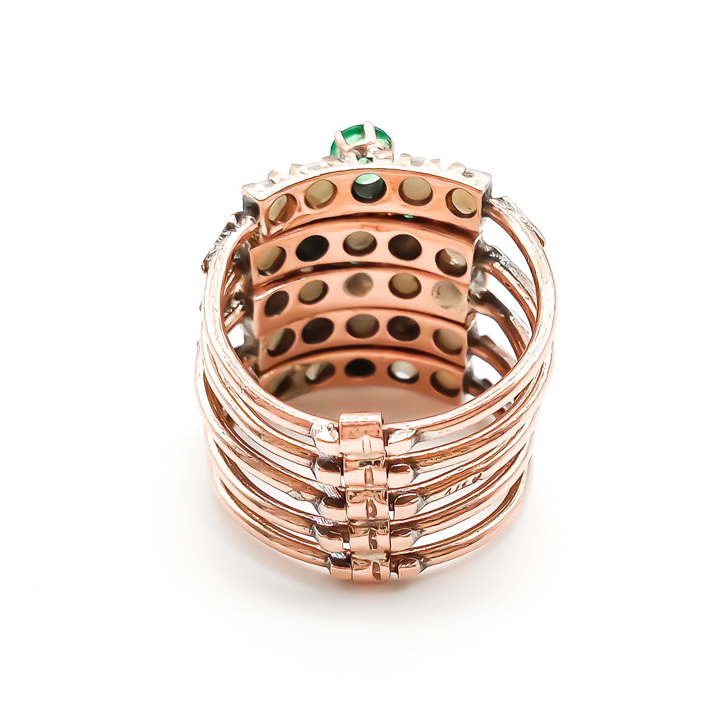 Gorgeous 14ct rose gold five band emerald and pearl stack ring.