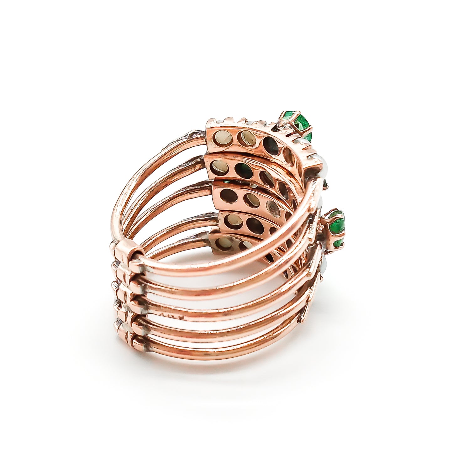 Gorgeous 14ct rose gold five band emerald and pearl stack ring.