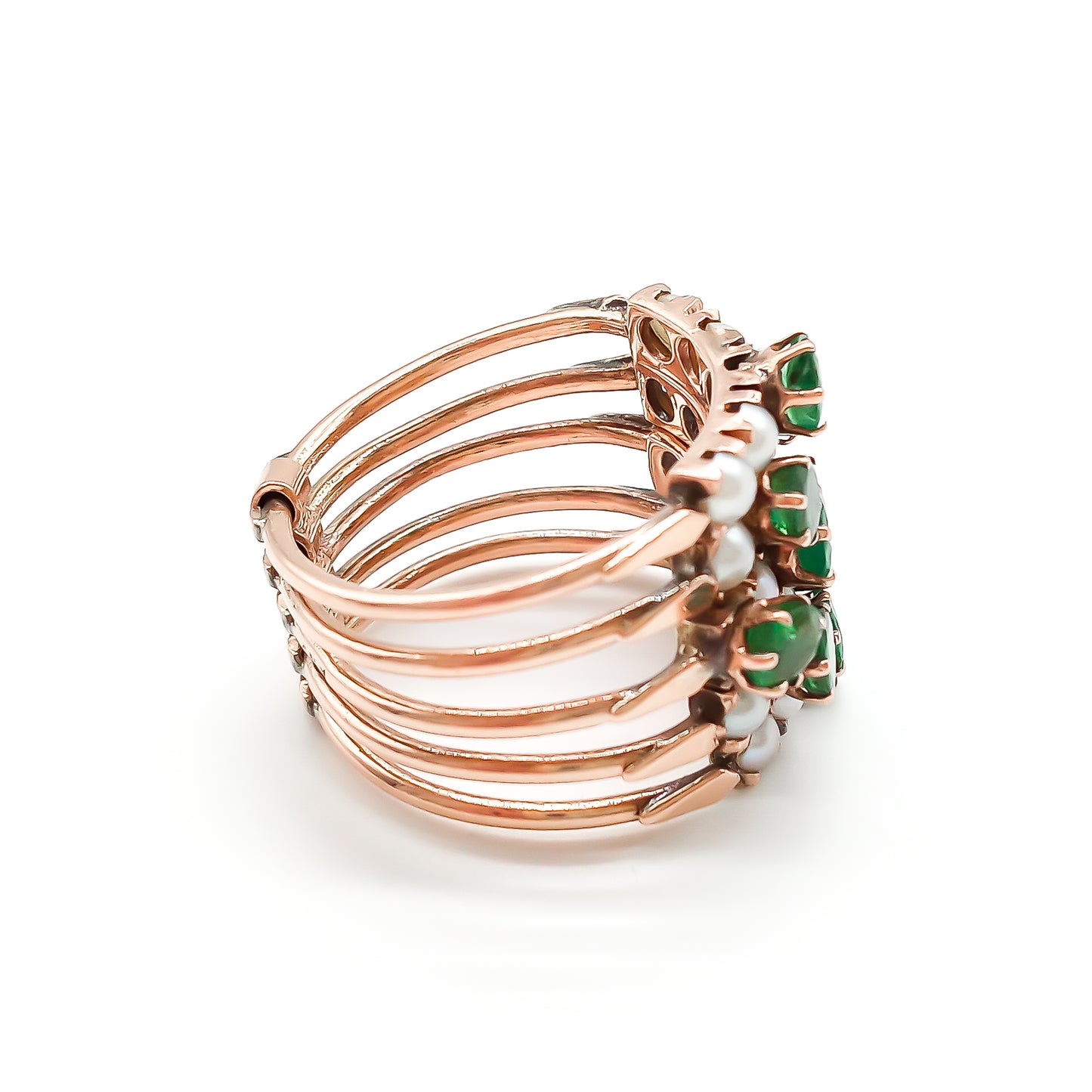 Gorgeous 14ct rose gold five band emerald and pearl stack ring.