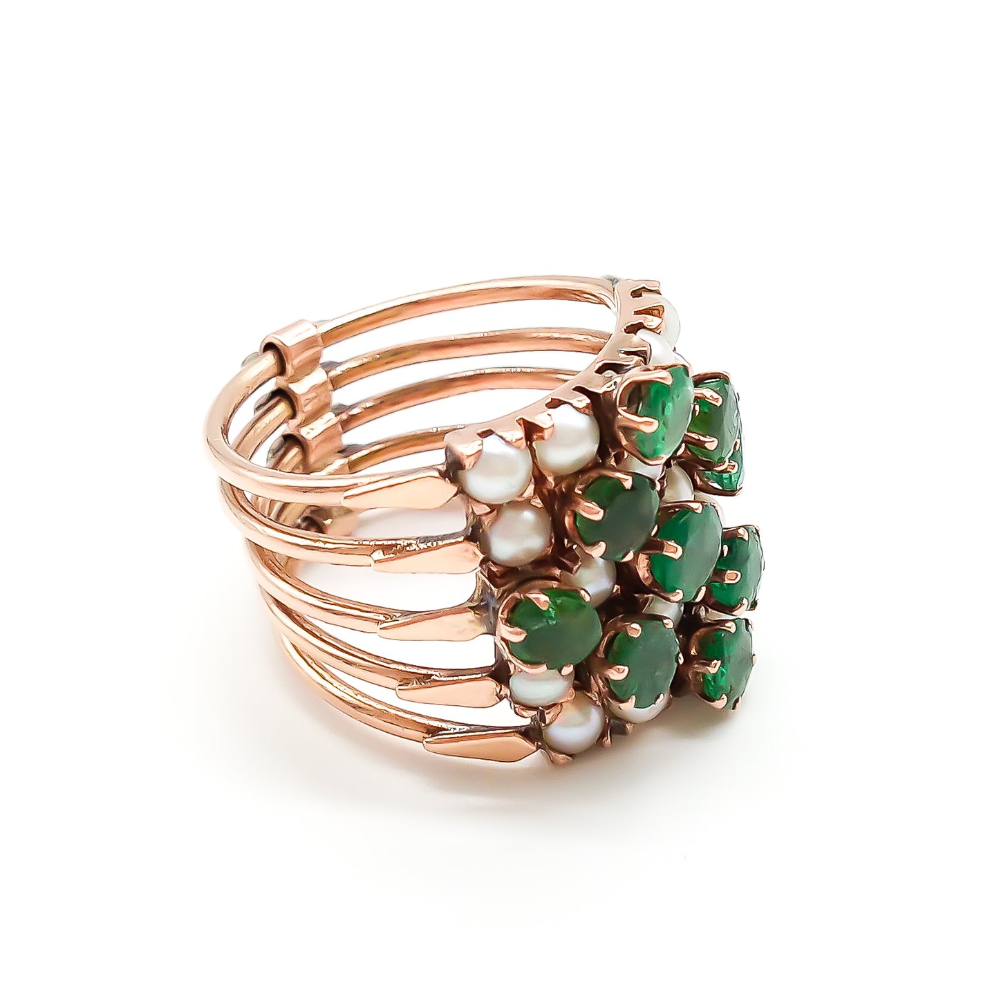 Gorgeous 14ct rose gold five band emerald and pearl stack ring.