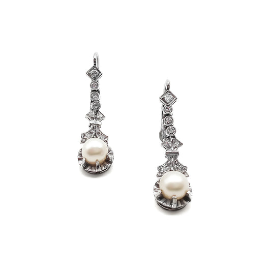 14ct White Gold Diamond and Pearl Drop Earrings