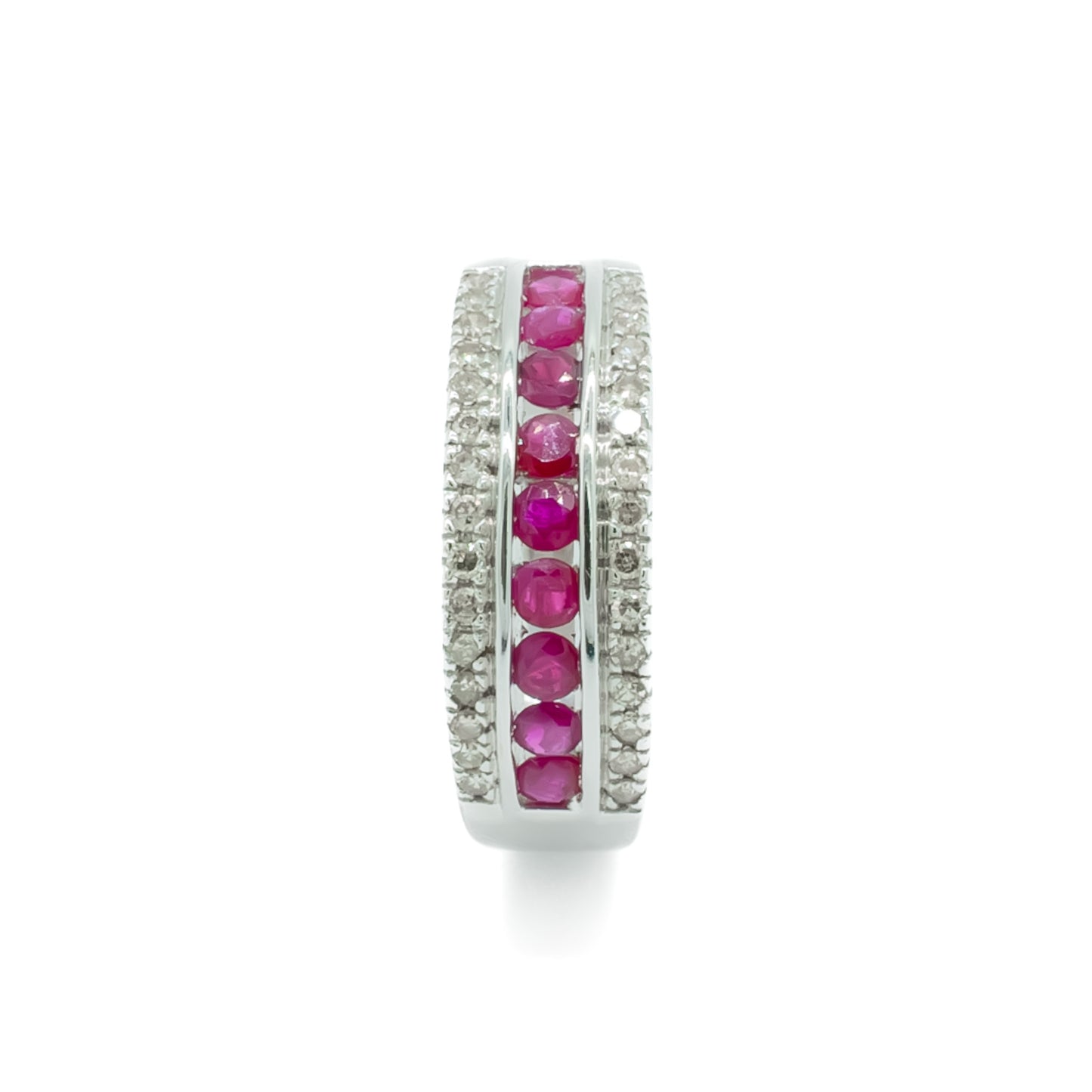 Classic vintage 14ct white gold ring set with nine faceted rubies and two rows of small diamonds. London