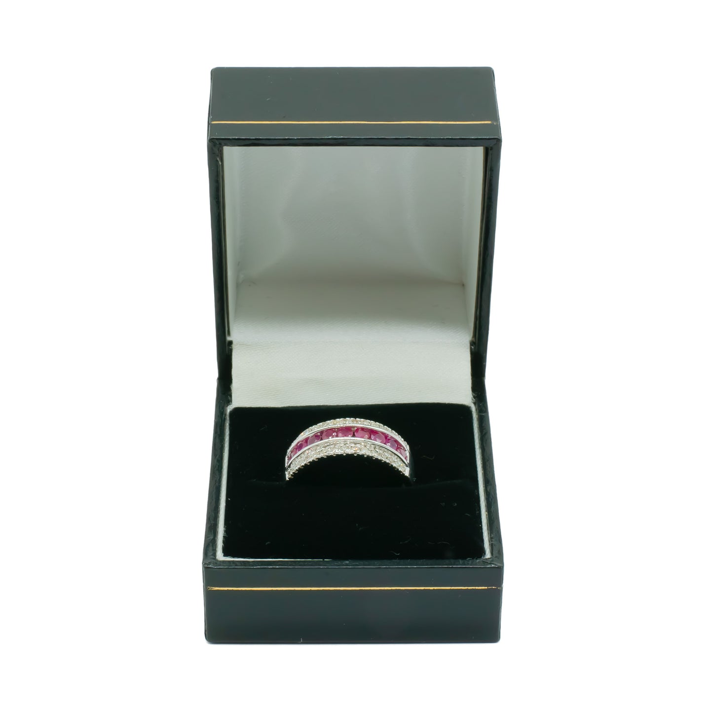 Classic vintage 14ct white gold ring set with nine faceted rubies and two rows of small diamonds. London