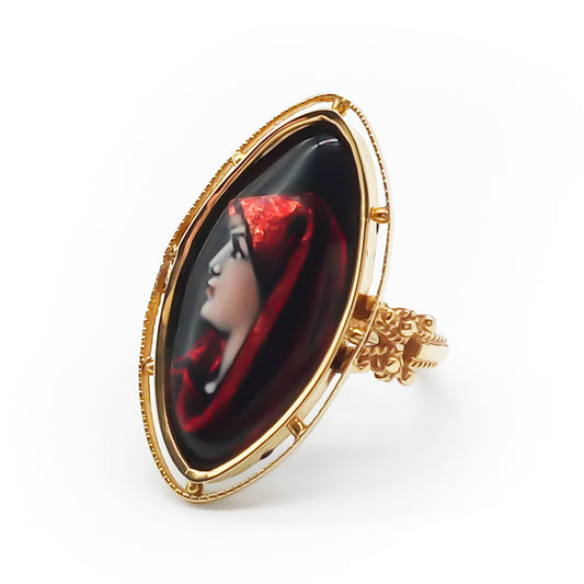 Magnificent 15ct gold enamelled Limoges ring depicting a woman with a red head scarf. Ring has intricate detail. Signed C.Faure Circa 1900