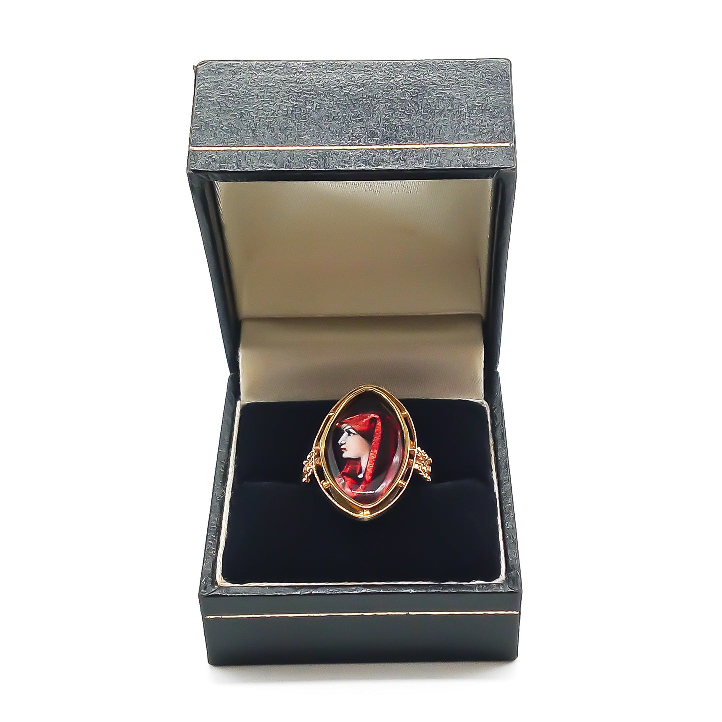 Magnificent 15ct gold enamelled Limoges ring depicting a woman with a red head scarf. Ring has intricate detail. Signed C.Faure Circa 1900
