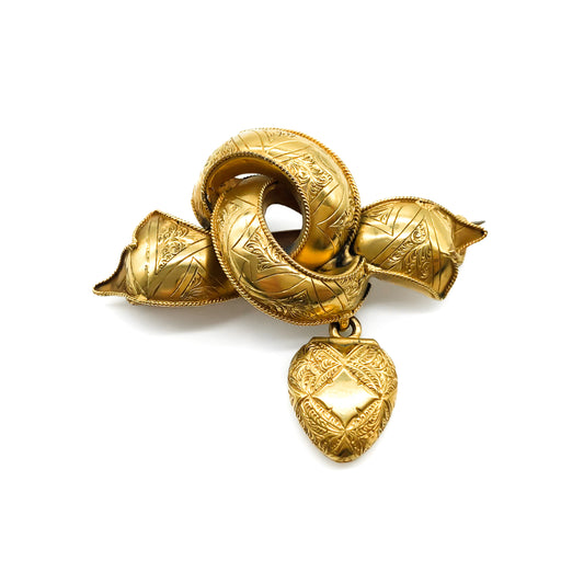 Very ornate 15ct yellow gold early Victorian brooch with a heart shaped drop.