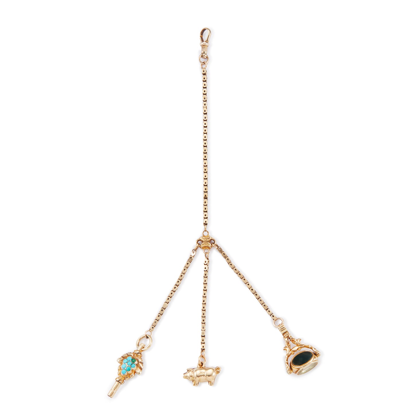 Highly sought after Victorian 15ct yellow gold attachment consisting of a dog clip, and three exquisite miniature pieces hanging from individual chains. The attachment consists of: a beautifully carved 15ct gold turquoise watch key, a 9ct gold pig charm and a 15ct gold swivel fob set with citrine, green agate and white chalcedony. Can be worn as a pendant or attached onto an Albertina.