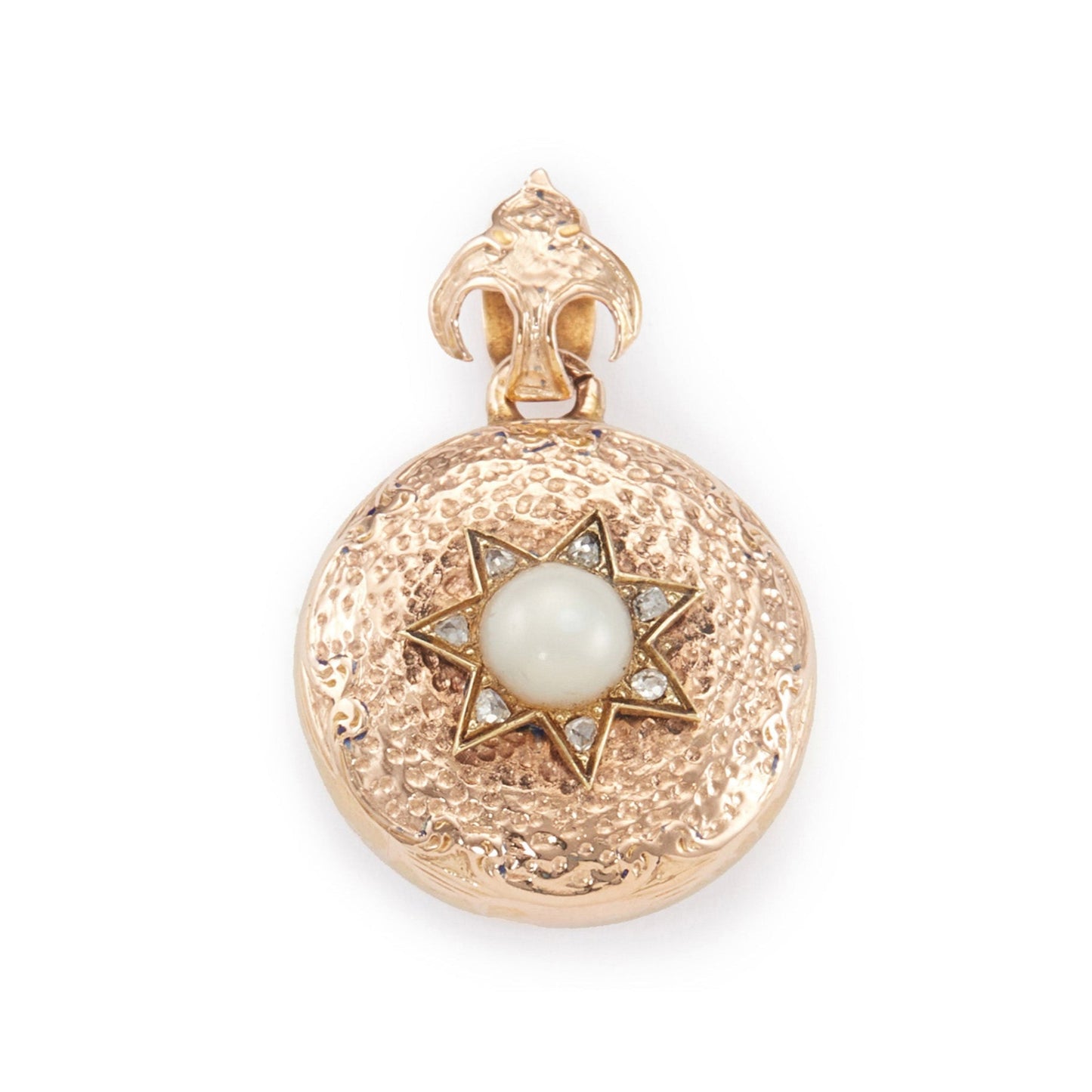 Pretty Victorian 9ct rose gold hammered-texture pendant with a pearl set in a six pointed diamond star, and a bird motif on the bale. A lock of hair rests behind glass at the back of the pendant.