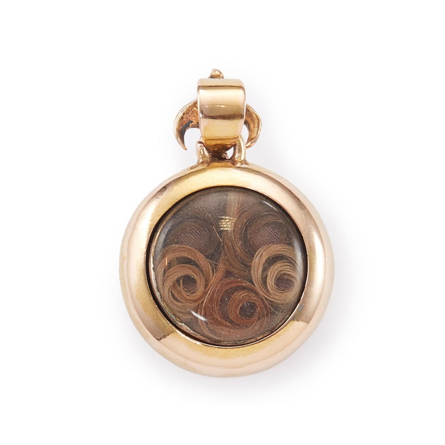 Pretty Victorian 9ct rose gold hammered-texture pendant with a pearl set in a six pointed diamond star, and a bird motif on the bale. A lock of hair rests behind glass at the back of the pendant.