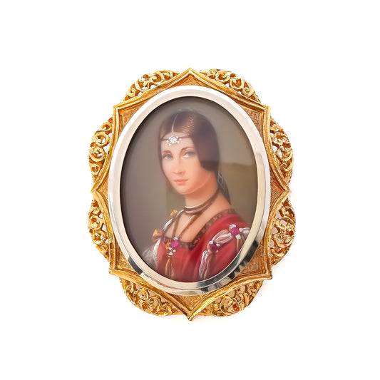 Gorgeous 18ct gold hand-painted miniature portrait pendant set with a tiny diamond and three rubies. Circa 1930’s
