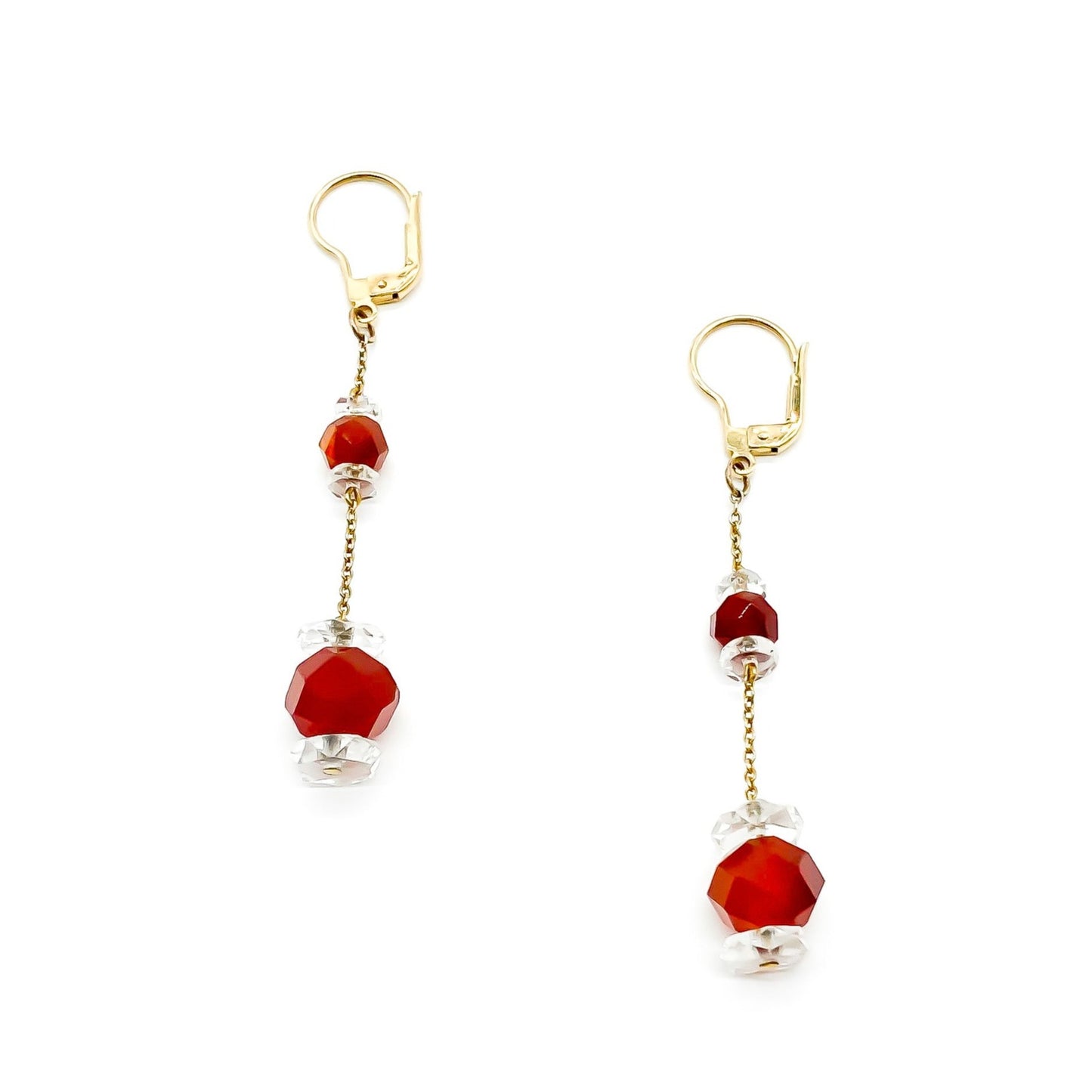 Pretty 18ct yellow gold dangling earrings with beautifully faceted carnelian and rock crystal beads. Circa 1930’s