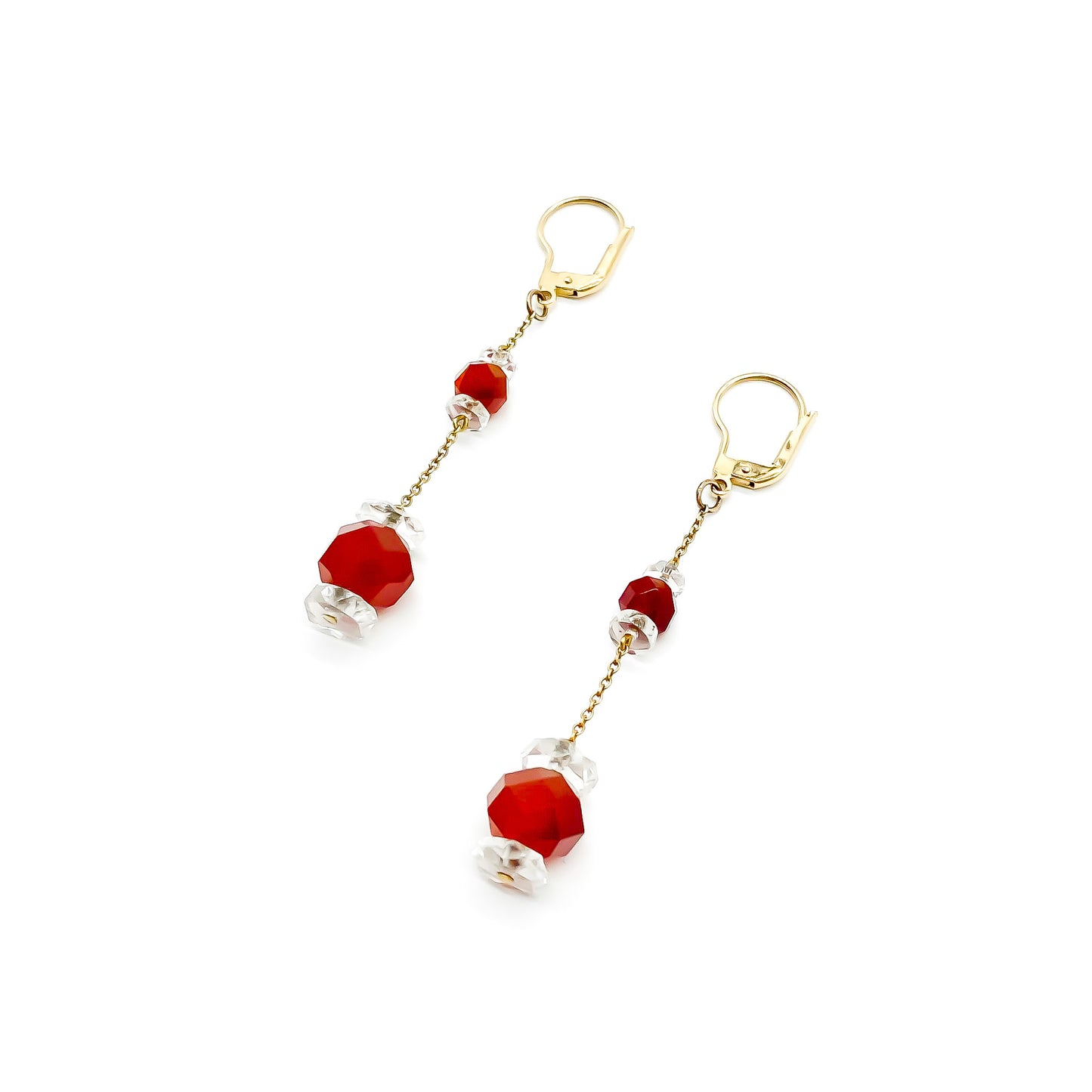 Pretty 18ct yellow gold dangling earrings with beautifully faceted carnelian and rock crystal beads. Circa 1930’s