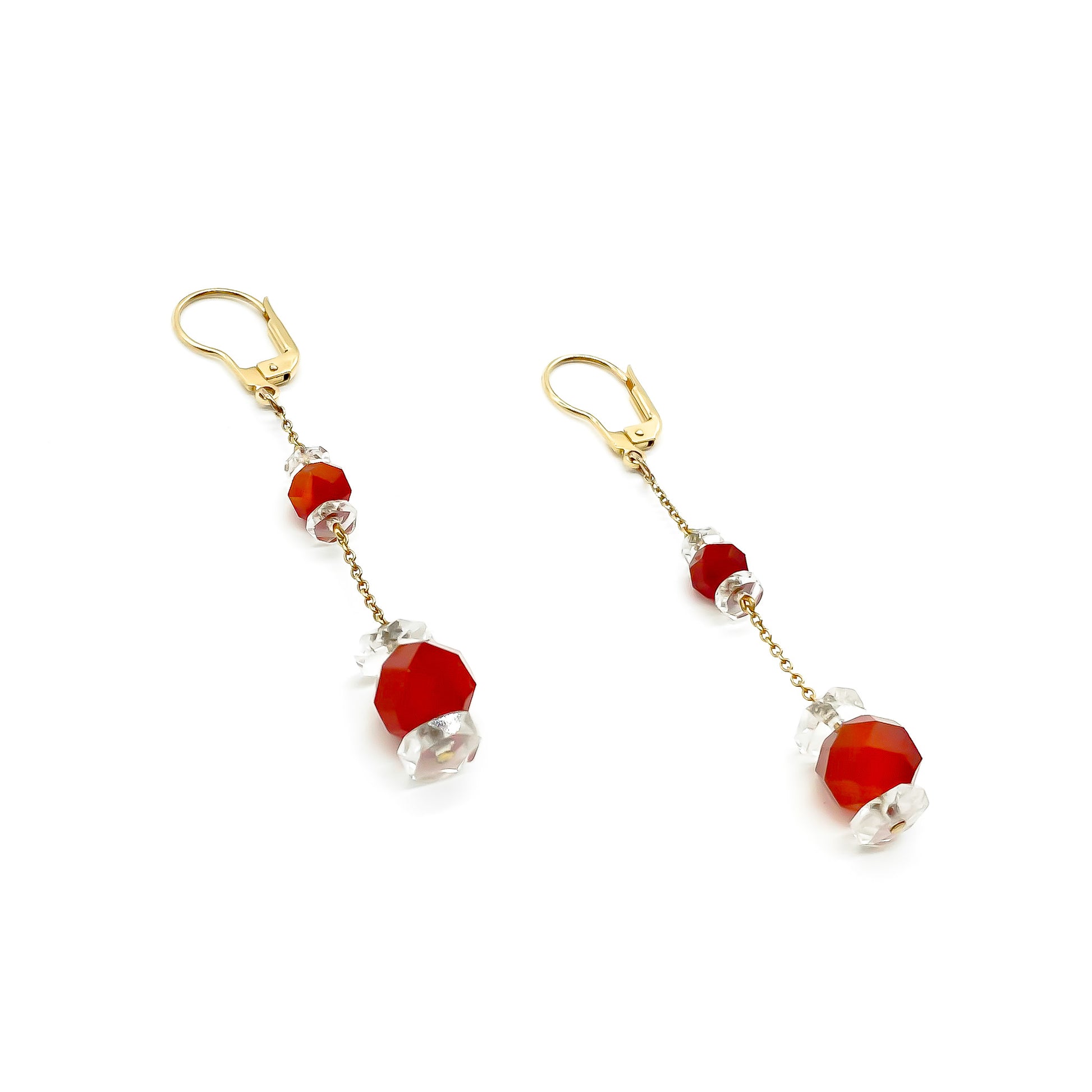 Pretty 18ct yellow gold dangling earrings with beautifully faceted carnelian and rock crystal beads. Circa 1930’s