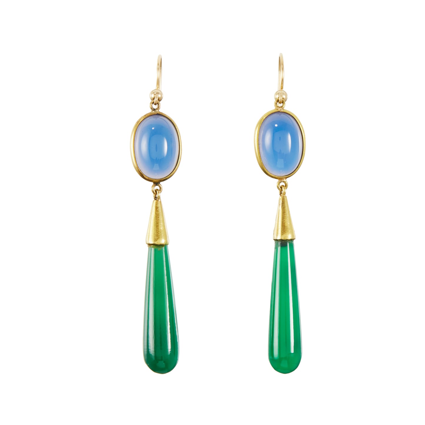Stunning 18ct gold drop earrings, each set with an oval cabochon sodalite and a teardrop shaped chrysoprase. Shepherd hooks.