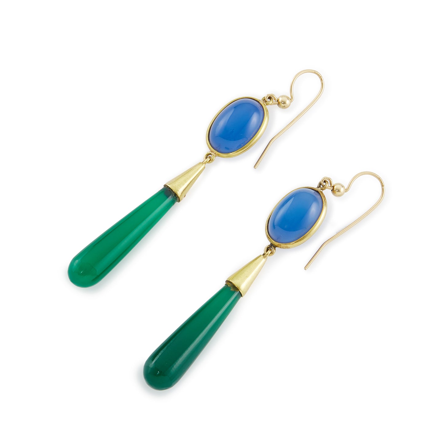Stunning 18ct gold drop earrings, each set with an oval cabochon sodalite and a teardrop shaped chrysoprase. Shepherd hooks.