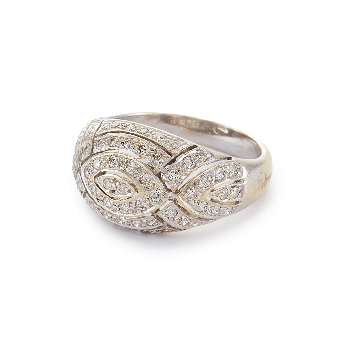 Classic 18ct yellow gold dome shaped ring with an abundance of sparkling diamonds in an 18ct white gold pavé setting.