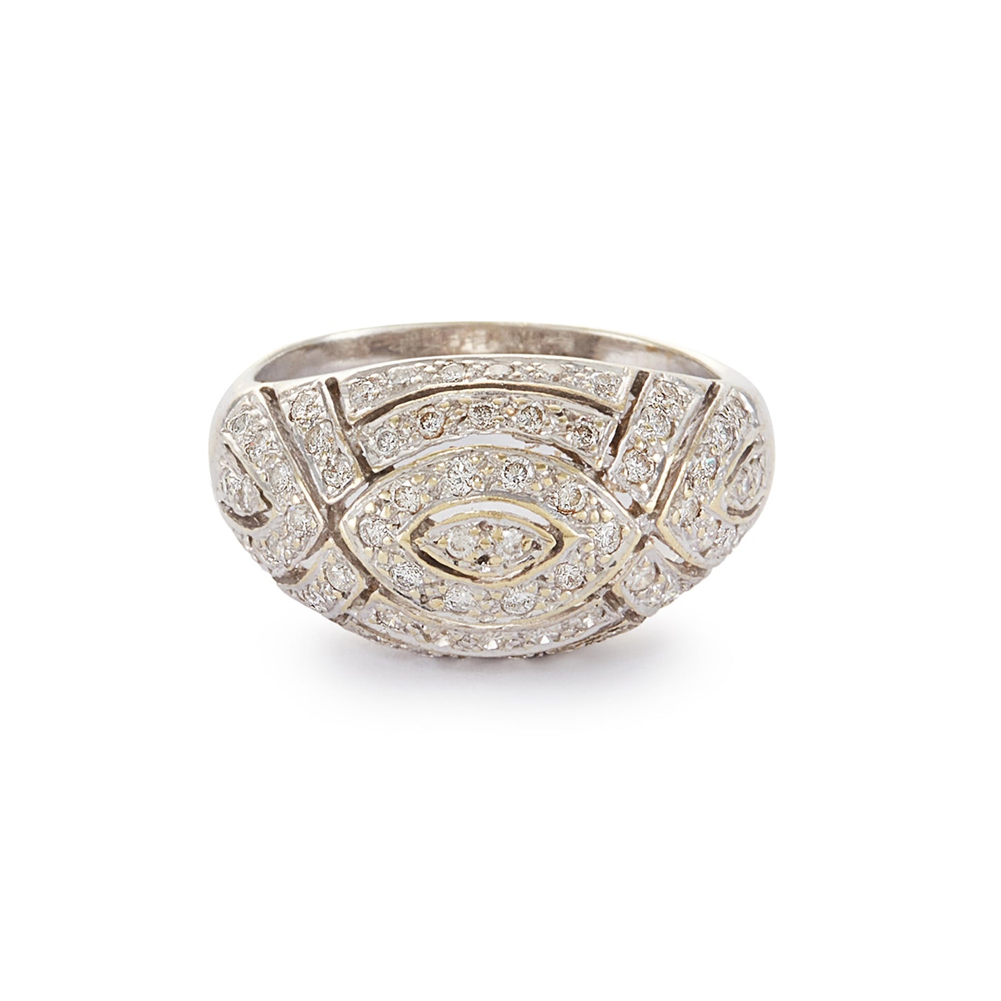 Classic 18ct yellow gold dome shaped ring with an abundance of sparkling diamonds in an 18ct white gold pavé setting.