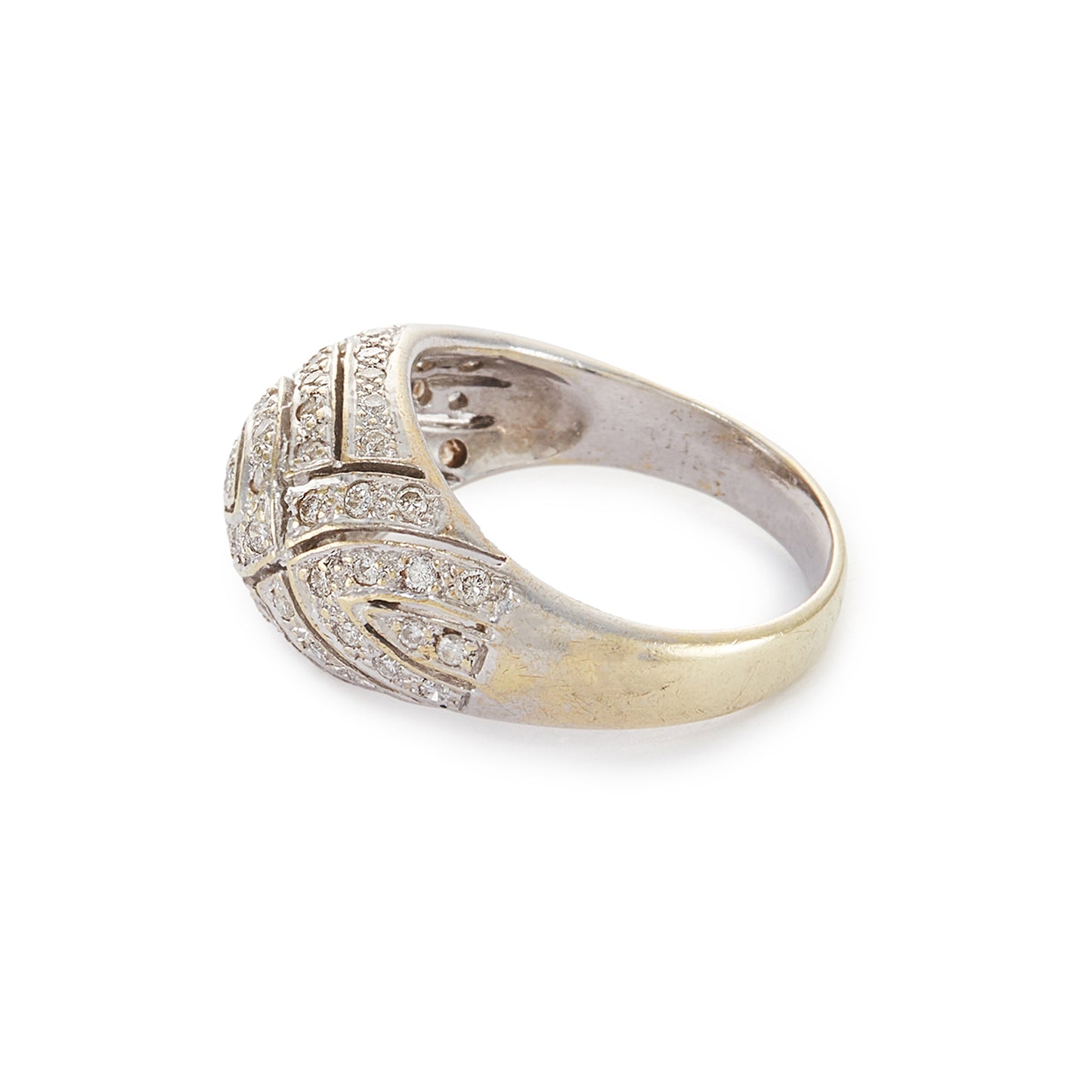 Classic 18ct yellow gold dome shaped ring with an abundance of sparkling diamonds in an 18ct white gold pavé setting.