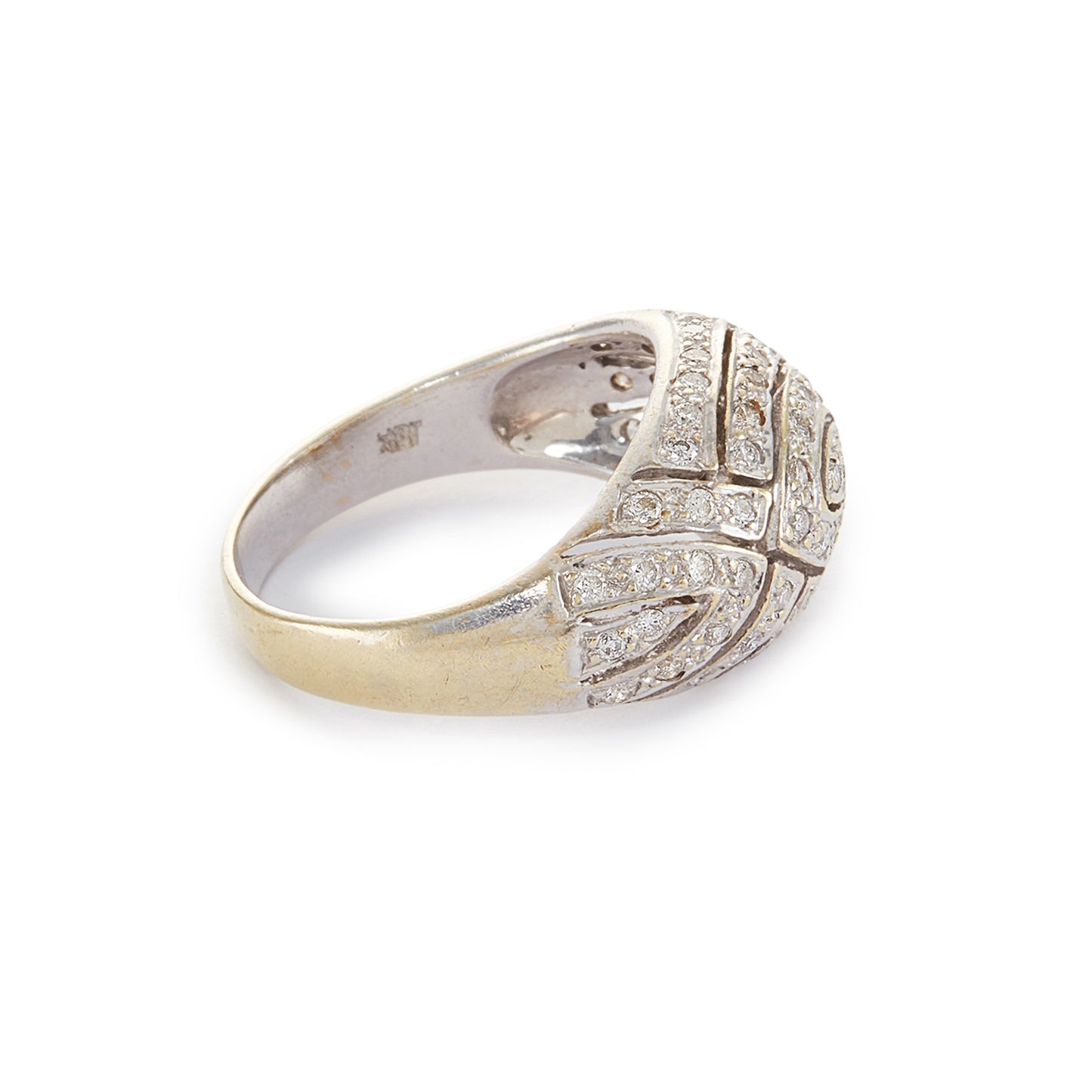 Classic 18ct yellow gold dome shaped ring with an abundance of sparkling diamonds in an 18ct white gold pavé setting.